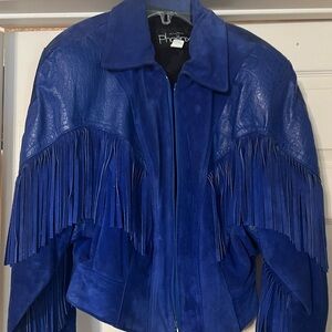 Phenix Women's Vibrant Blue Suede Leather Jacket with Fringe